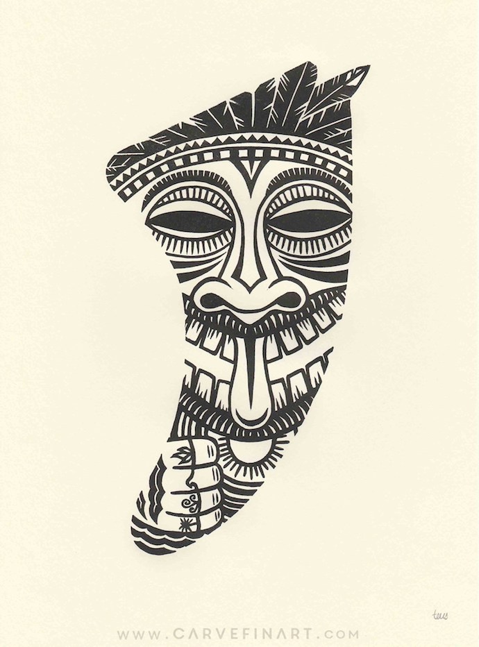 Tiki Idol Fin - Carve Fin Art -LinocutSurfFinArt