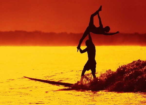 tandem surfing sunset silhouette | Surfer Dad