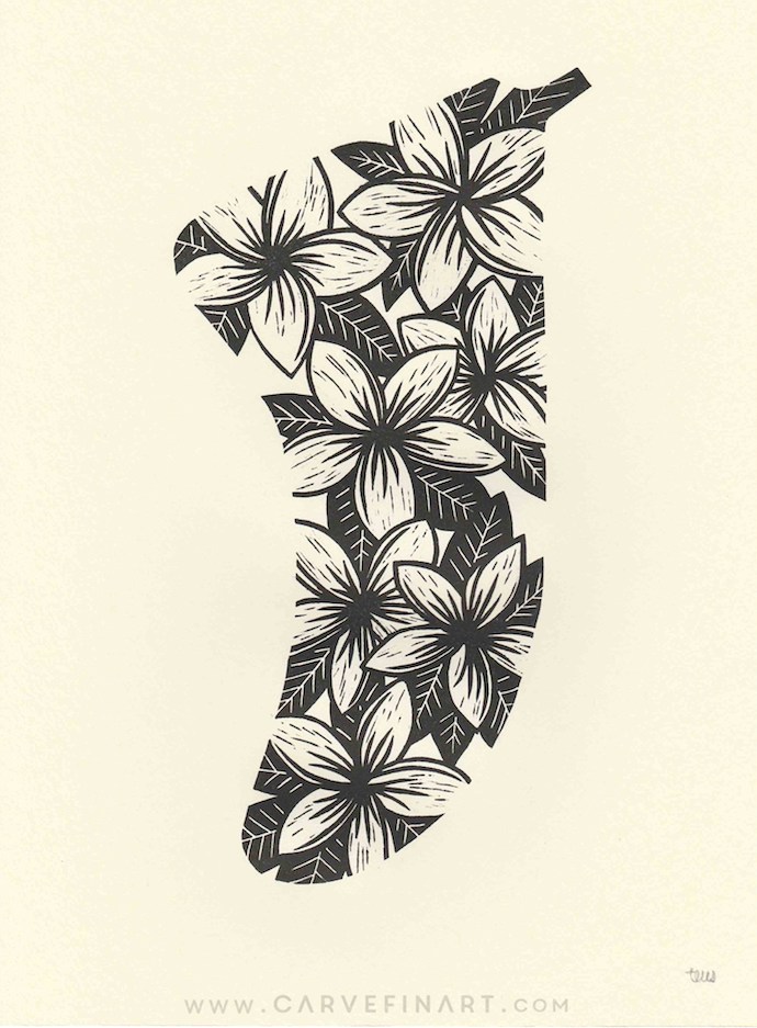 Frangipani Flowers Fin - Carve Fin Art-LinocutSurfFinArt